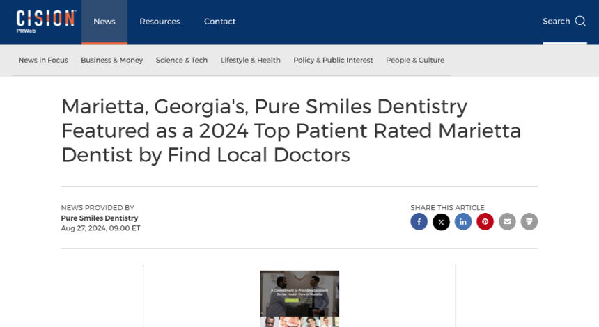 Screenshot of an article - Marietta, Georgia's, Pure Smiles Dentistry Featured as a 2024 Top Patient Rated Marietta Dentist by Find Local Doctors